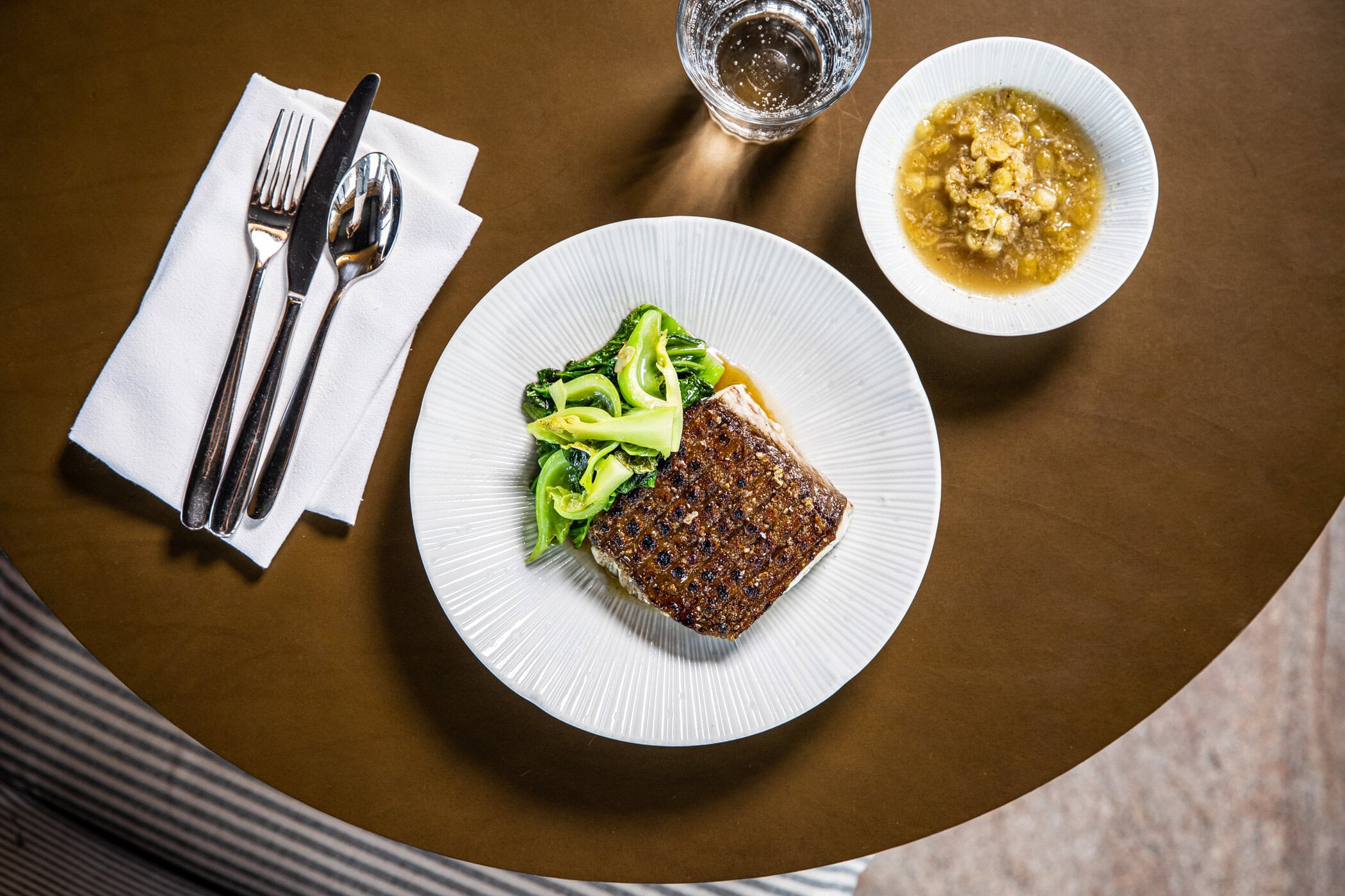 Grilled Barramundi, Desert Lime & Pepper, Mustard Greens