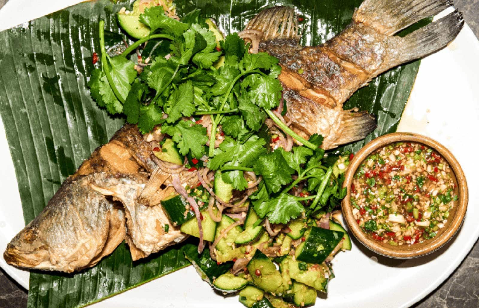Whole Wok-Fried Barramundi with Ginger Nam Jim Sauce & Smashed Cucumbers