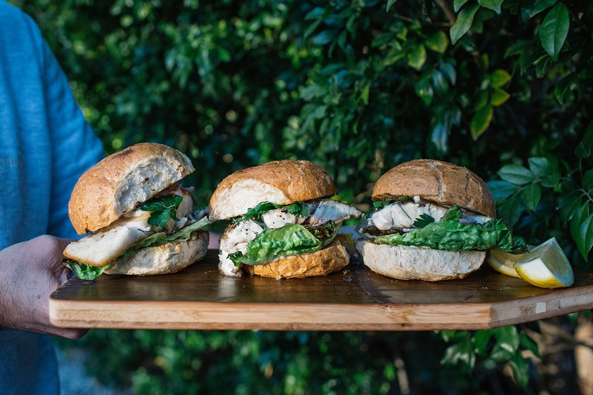 BBQ Barramundi Burger With Grilled Cos, Grilled Lemon and Jalapeno Tartare