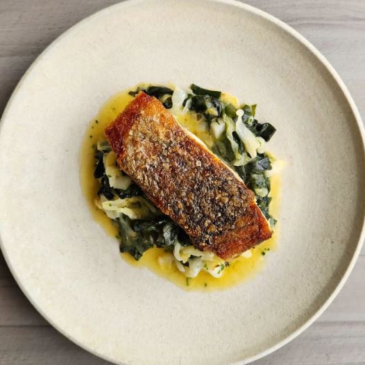 Barramundi with Grilled Sugarloaf Cabbage, Pickled Wakame and Lemon Aspen Butter