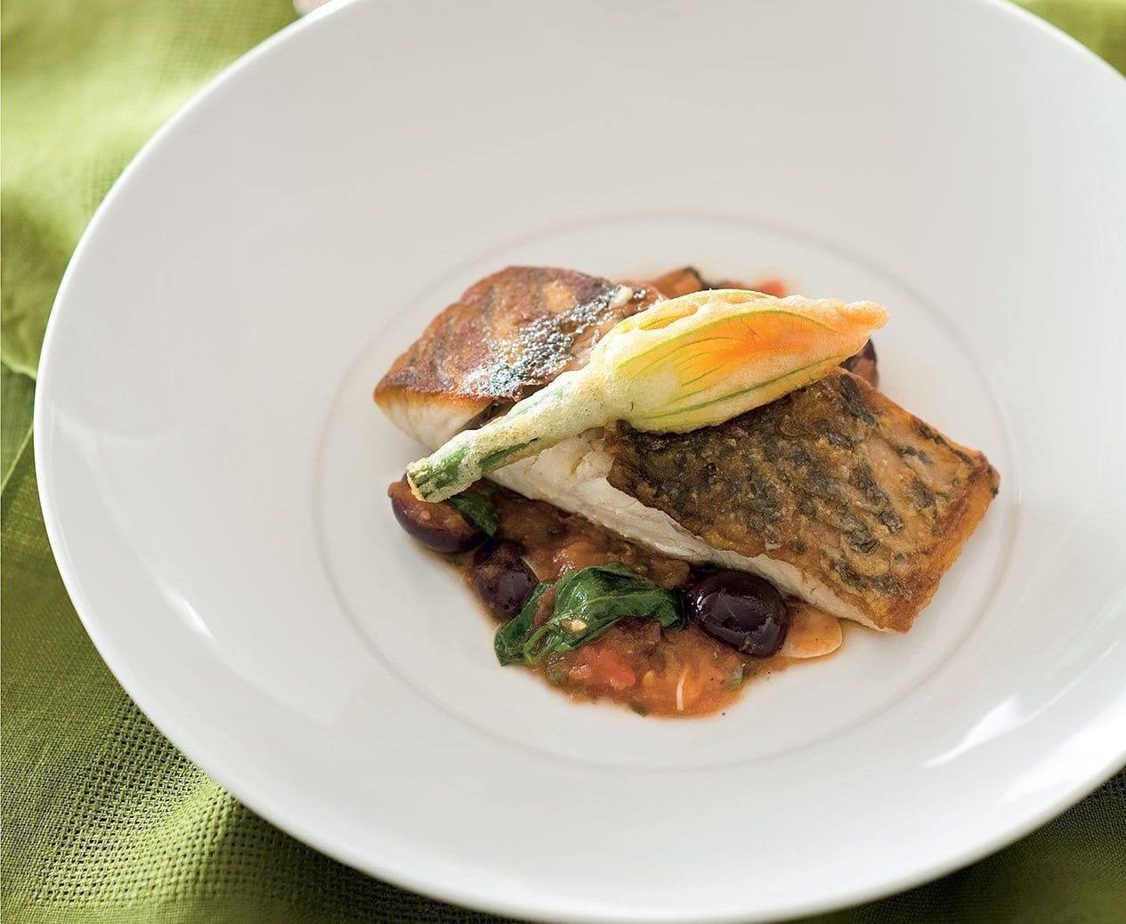 Barramundi with Tomato Salsa and Fried Zucchini Flowers