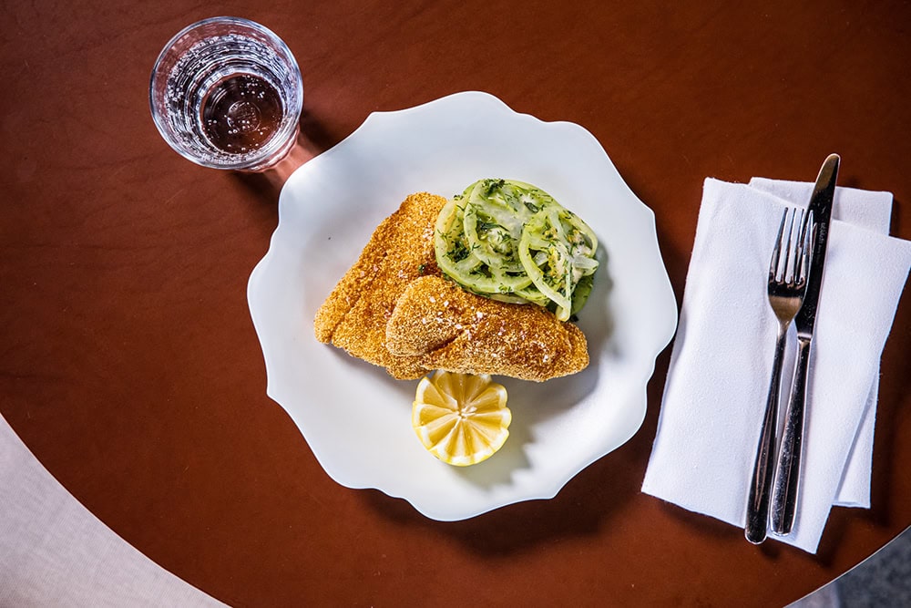 Fried Barramundi, Old Bay, Green Tomatoes