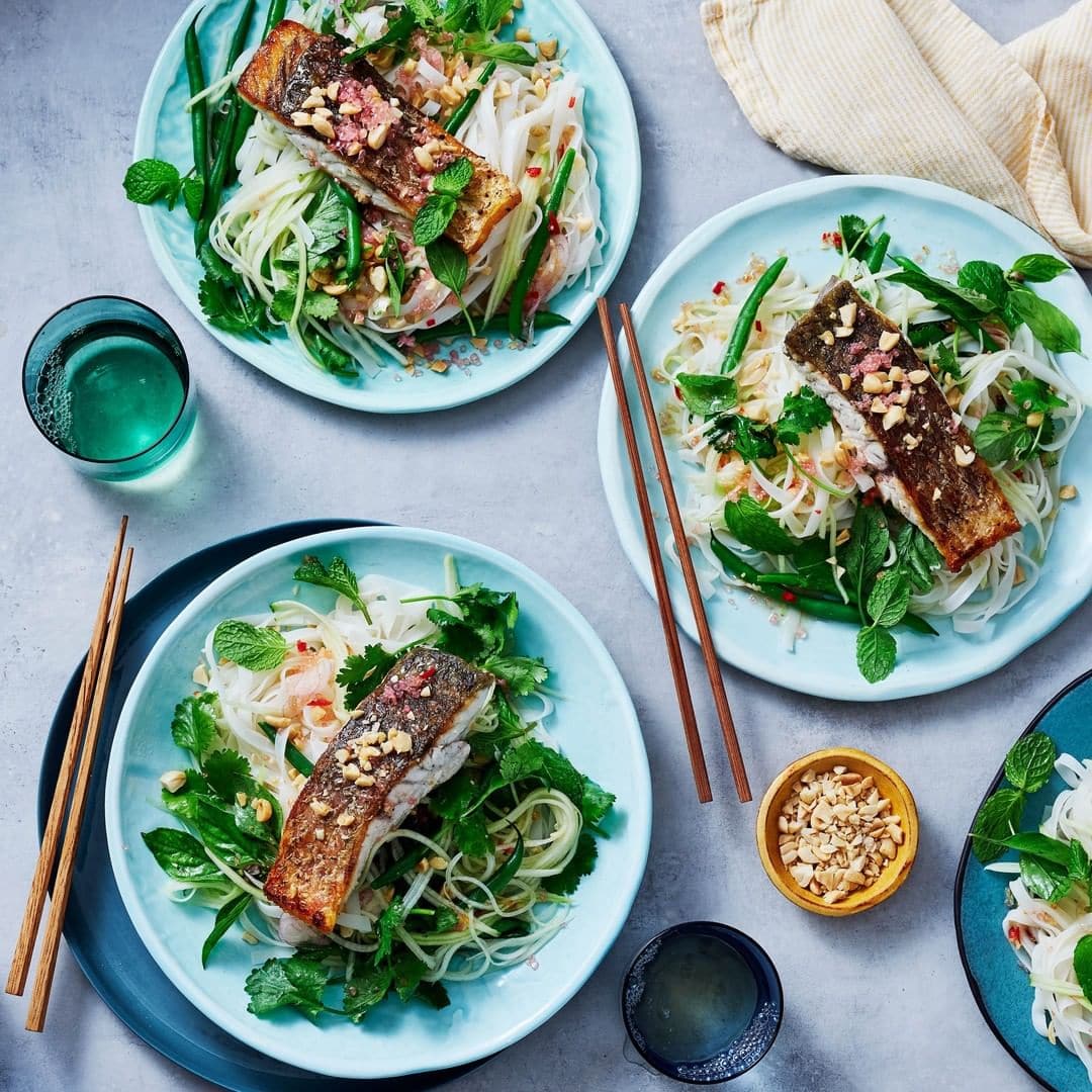 Crispy Barramundi and Green Papaya, Rice Noodle Salad with Nuoc Cham Dressing