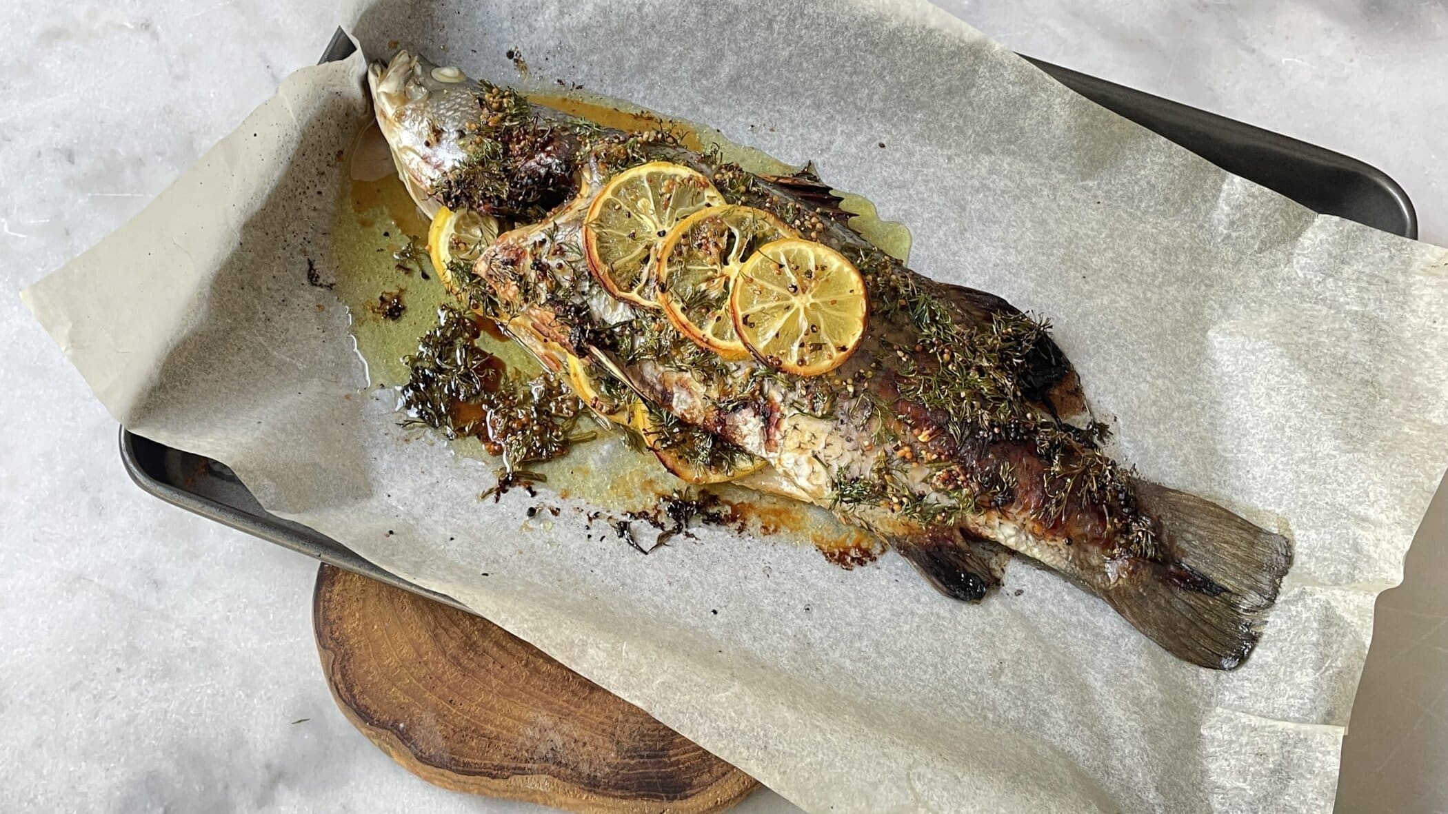 Whole Baked Barramundi with Dill Lemon Stuffing