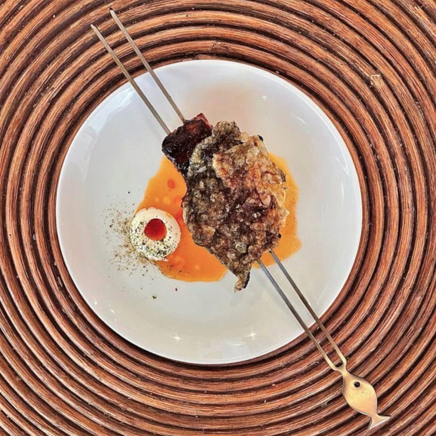 Grilled Barramundi On A Stick With Pineapple, Achiote & Sour Cream