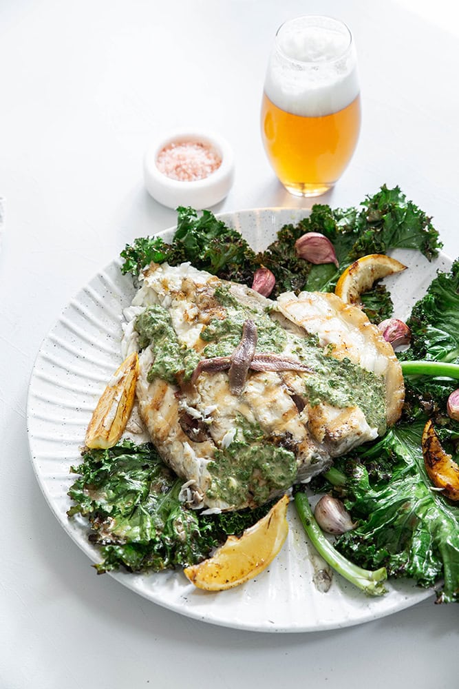 Barramundi, Charred Greens and Anchovy Dressing