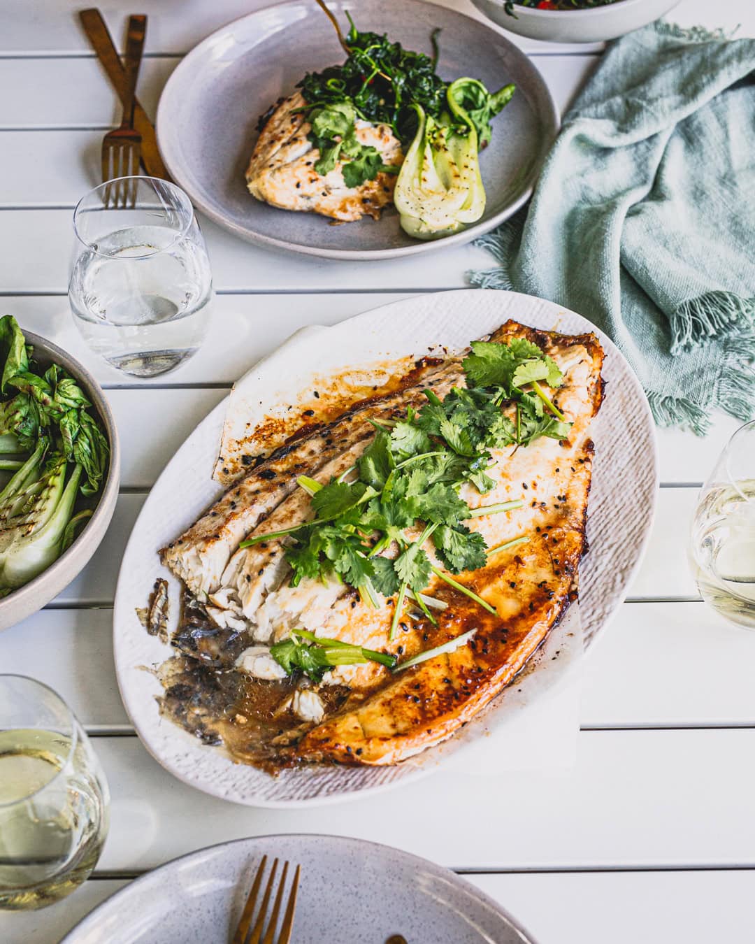 Baked and Dressed Barramundi with Greens